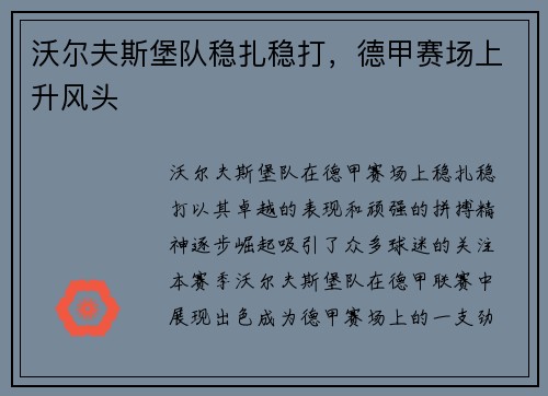 沃尔夫斯堡队稳扎稳打，德甲赛场上升风头